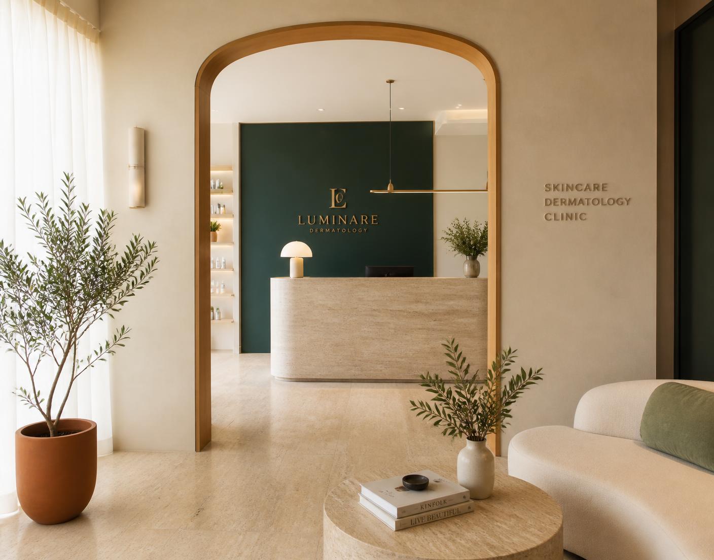 Recepção da Clínica Aurele com paredes off-white, detalhe em verde-petróleo e mobiliário em travertino